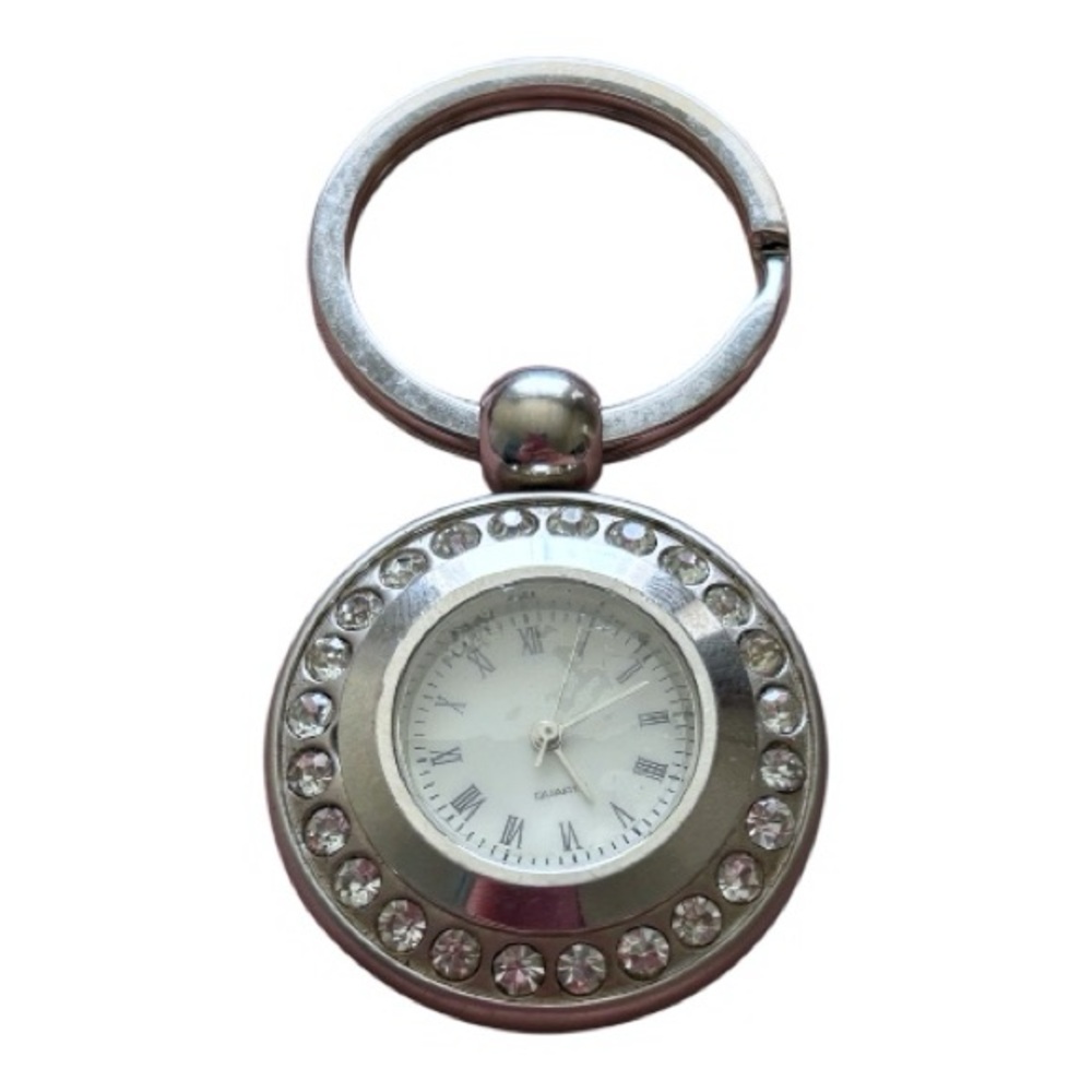 Cute Y2K Watch Face Keyring Keychain Purse Charm Silver Rhinestones